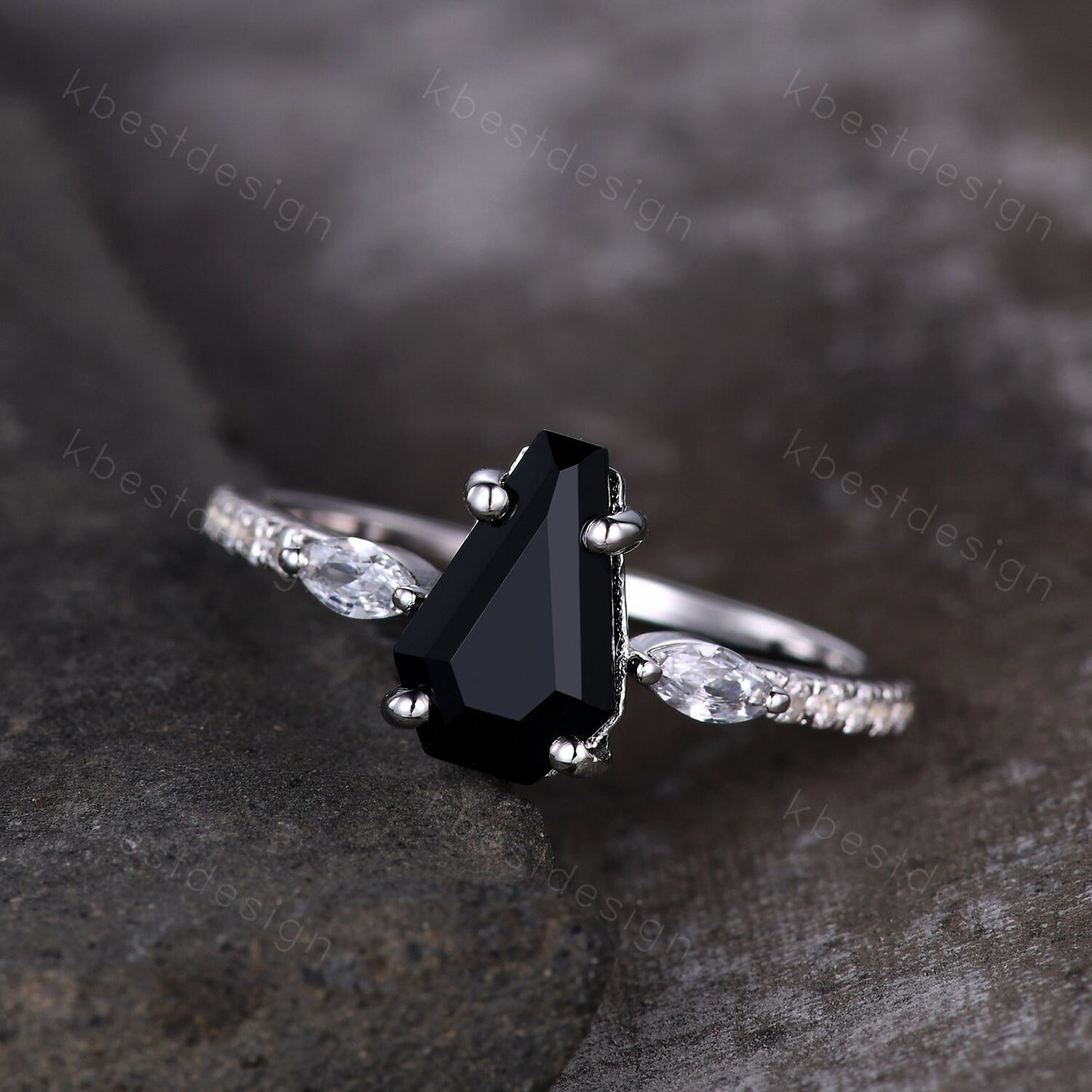 Coffin shaped black onyx engagement ring vintage white gold rings for women art deco marquise cut moissanite ring antique promise ring