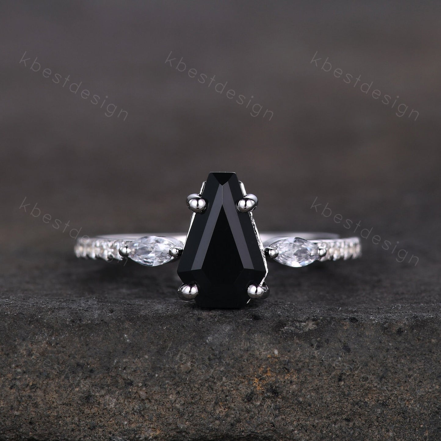 Coffin shaped black onyx engagement ring vintage white gold rings for women art deco marquise cut moissanite ring antique promise ring