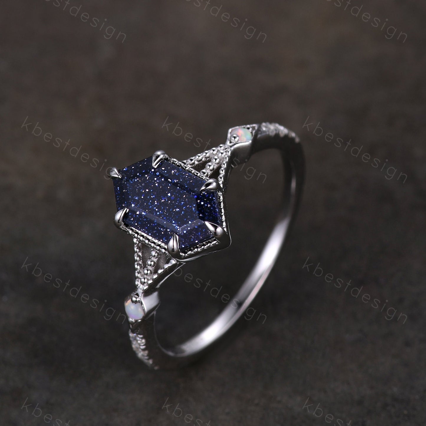 Elongated Hexagon cut Blue Sandstone Ring Art Deco Milgrain Opal Moissanite Wedding Ring Antique Multi Stone Engagement Ring Promise Ring