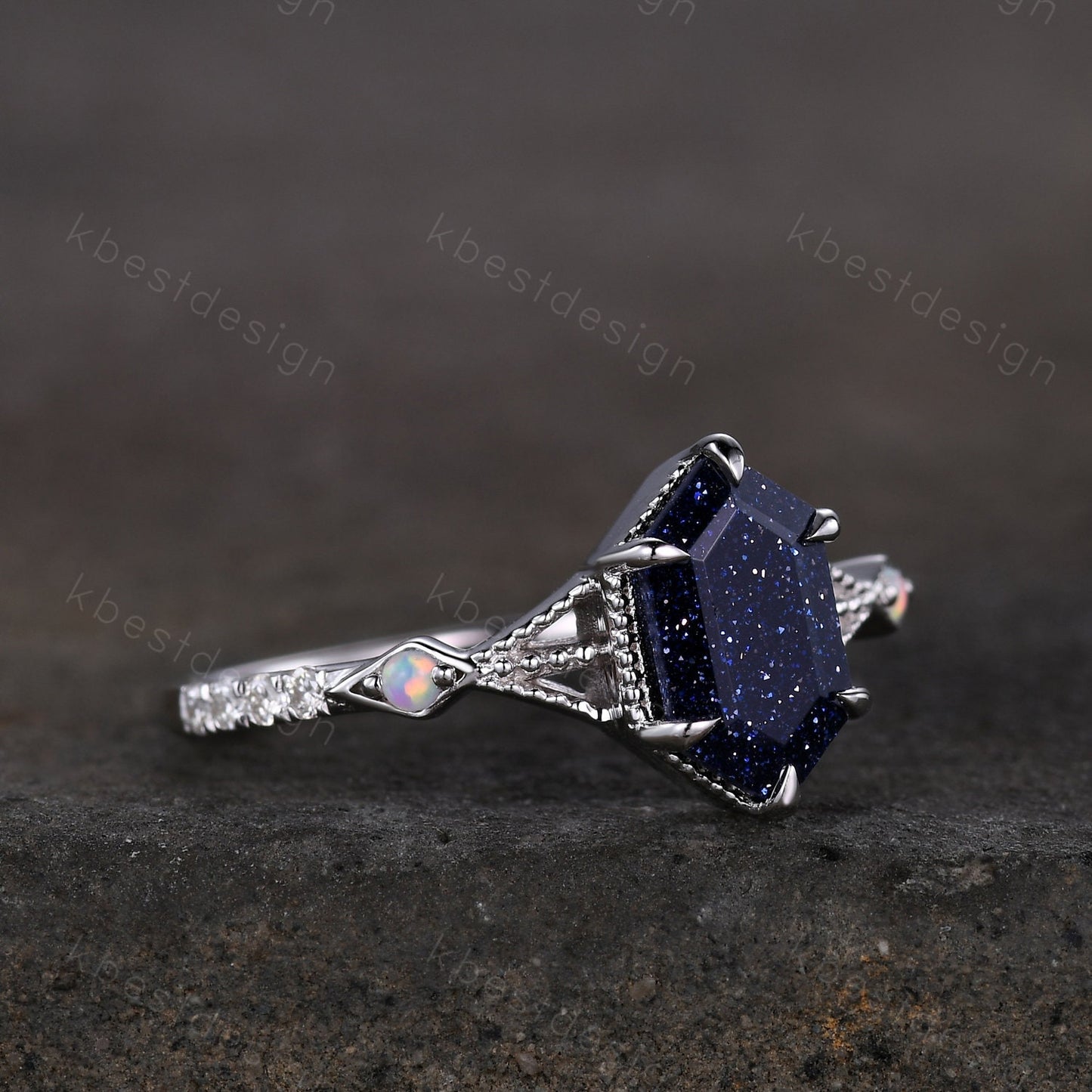 Elongated Hexagon cut Blue Sandstone Ring Art Deco Milgrain Opal Moissanite Wedding Ring Antique Multi Stone Engagement Ring Promise Ring
