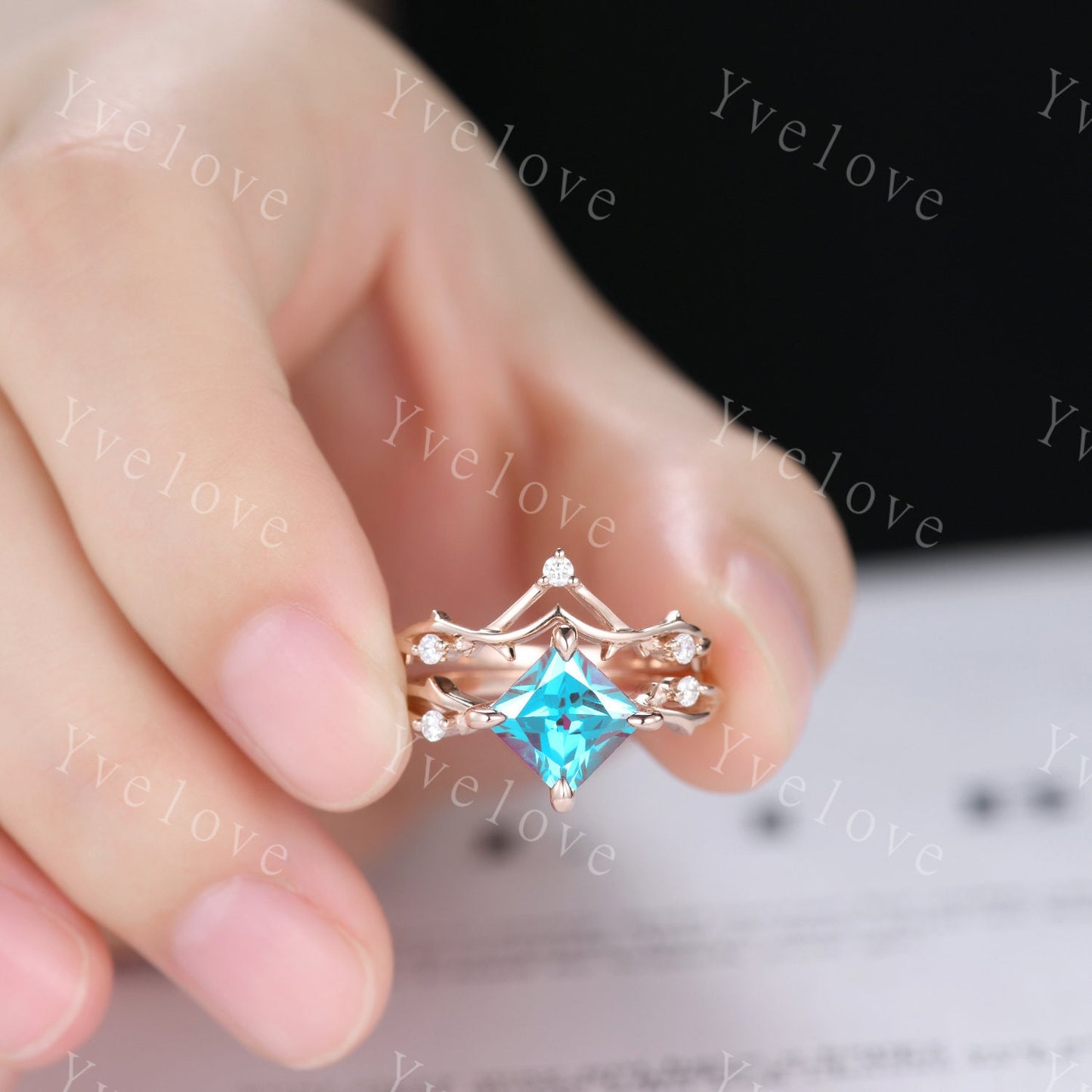 Vintage Princess Cut Alexandrite Engagement Ring,Twisted Ring,Leaf Vine Alexandrite Bridal Set,Branch Ring,Dainty Twig Moissanite Ring Gift