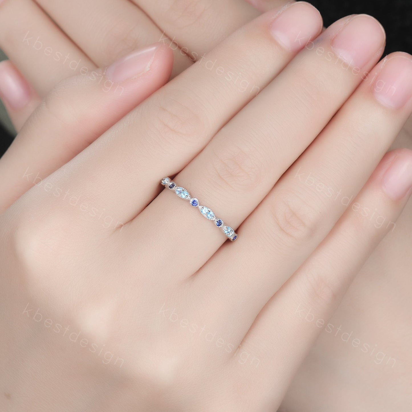 Blue Topaz Wedding Band Sterling Silver Sapphire Wedding Band Art Deco Half Eternity Band Unique Stacking Matching Band Anniversary Gift