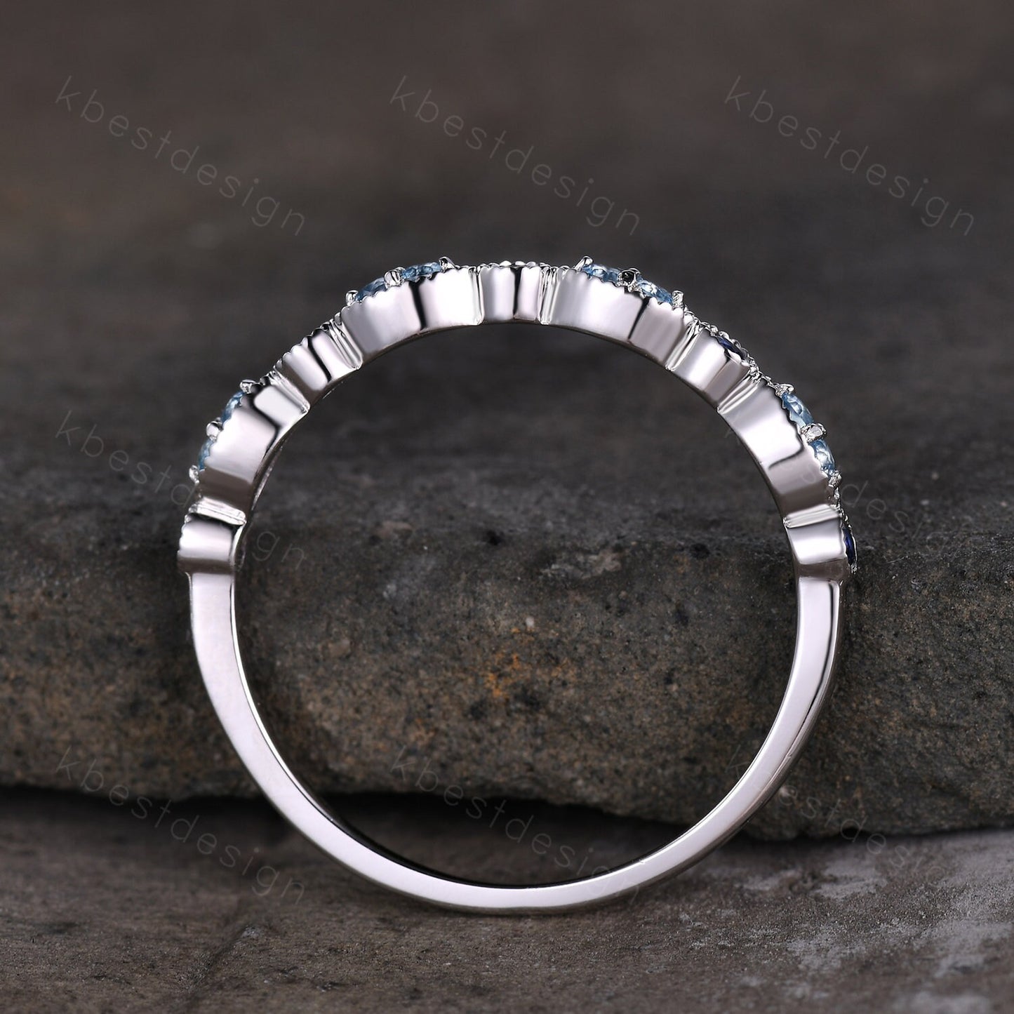 Blue Topaz Wedding Band Sterling Silver Sapphire Wedding Band Art Deco Half Eternity Band Unique Stacking Matching Band Anniversary Gift