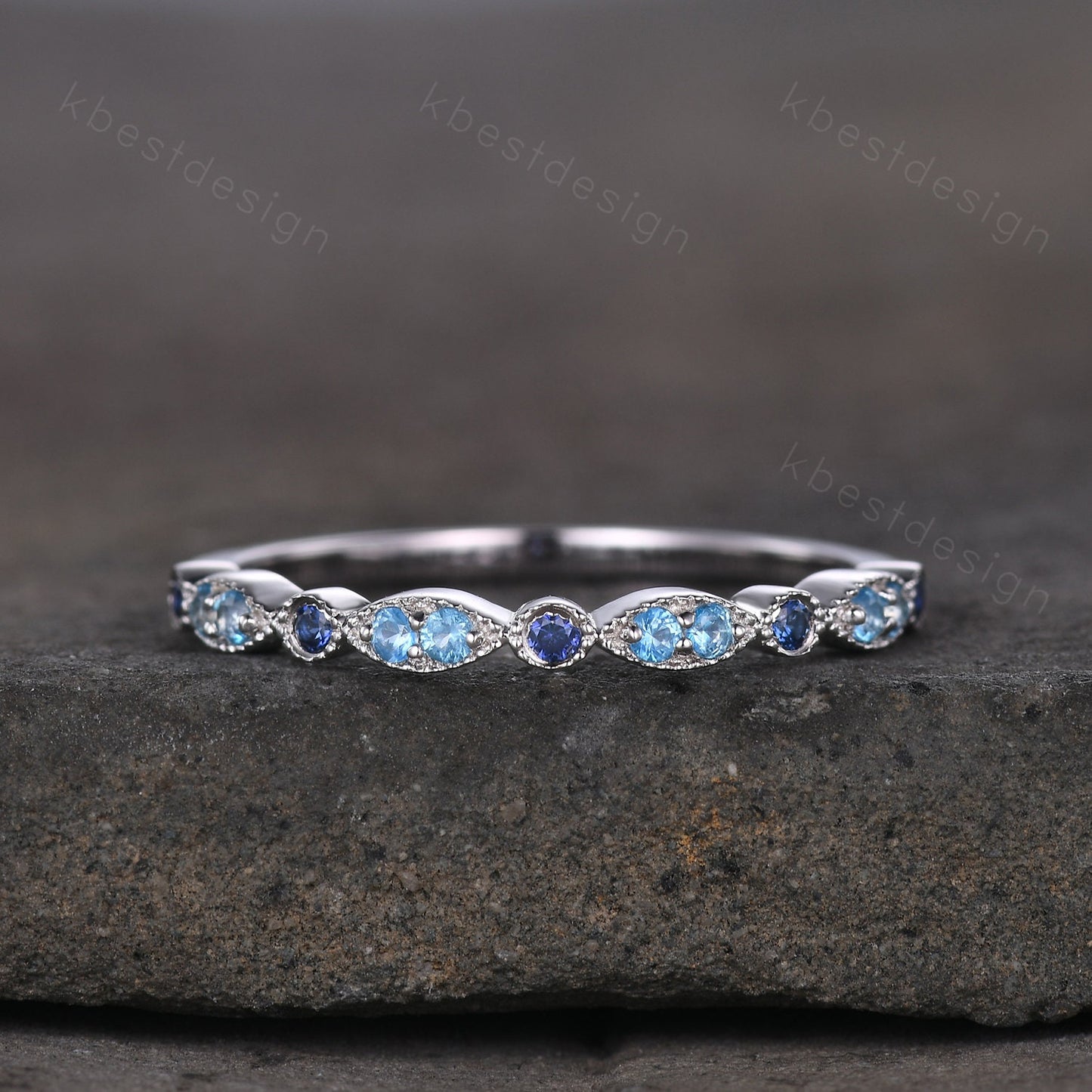 Blue Topaz Wedding Band Sterling Silver Sapphire Wedding Band Art Deco Half Eternity Band Unique Stacking Matching Band Anniversary Gift