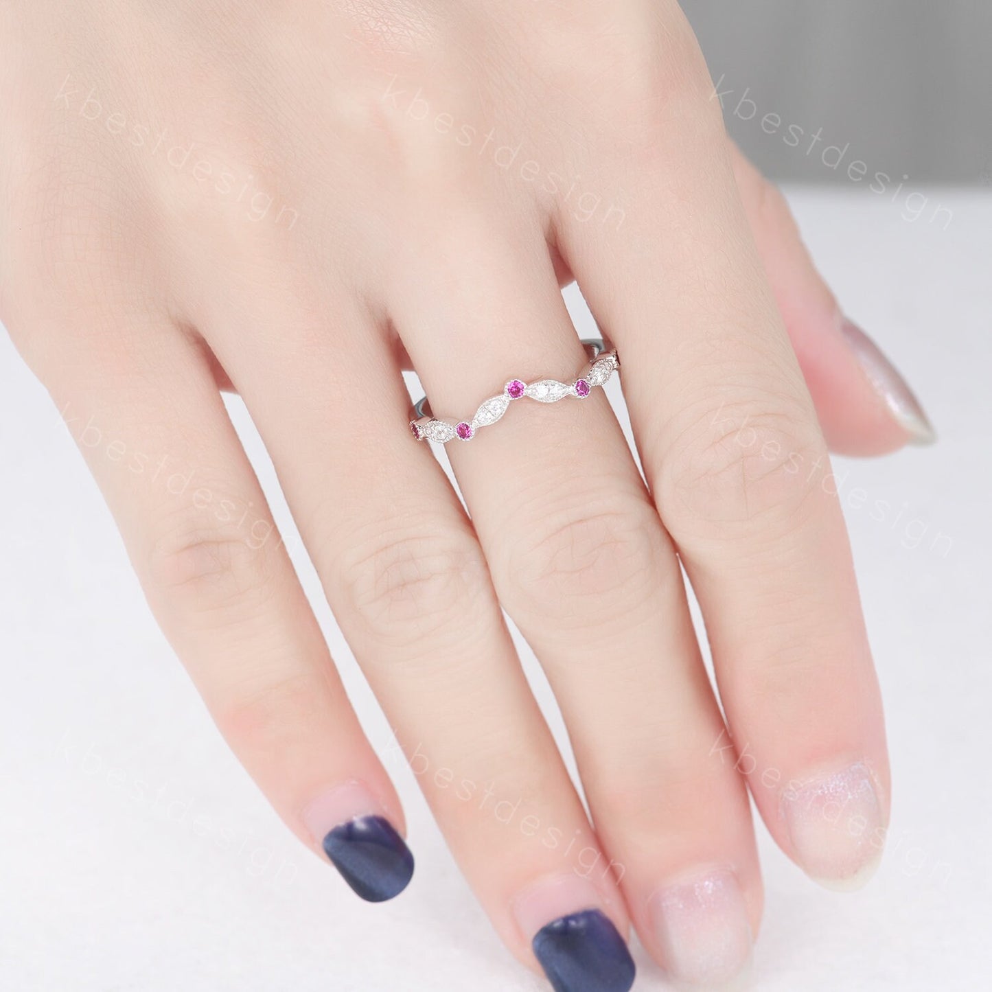 Moissanite Wedding Band Curved Ruby Stacking Band Sterling Silver Rings for Women Unique Matching Band Anniversary ring promise gift