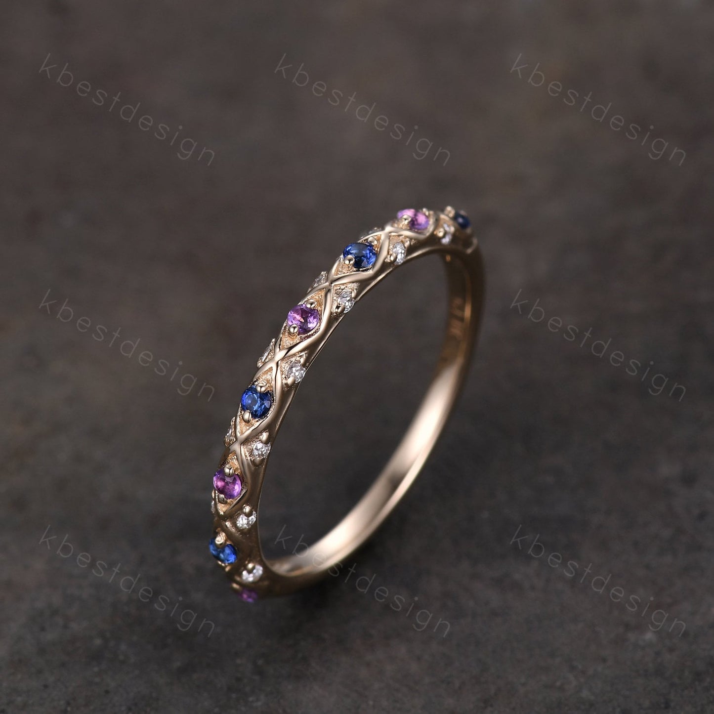 Antique Sapphire Wedding Band Women Solid 14K Yellow Gold Band Amethyst Wedding Band Vintage Stacking Matching Band Anniversary Ring