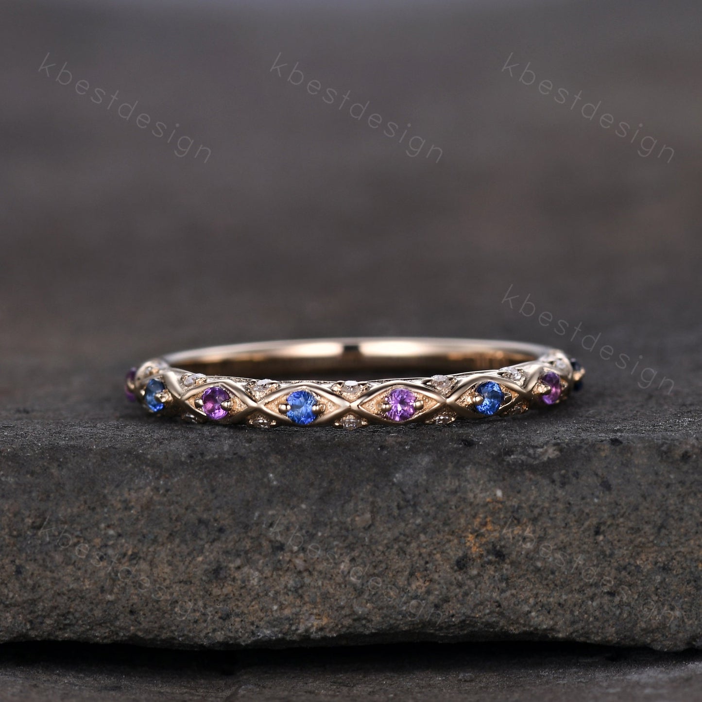 Antique Sapphire Wedding Band Women Solid 14K Yellow Gold Band Amethyst Wedding Band Vintage Stacking Matching Band Anniversary Ring