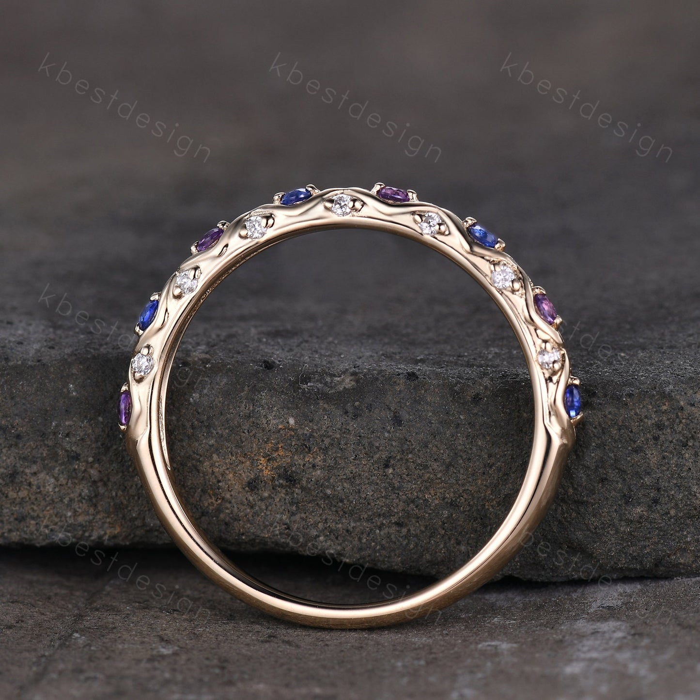 Antique Sapphire Wedding Band Women Solid 14K Yellow Gold Band Amethyst Wedding Band Vintage Stacking Matching Band Anniversary Ring
