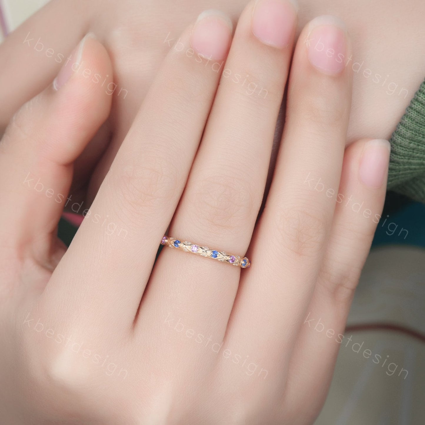 Antique Sapphire Wedding Band Women Solid 14K Yellow Gold Band Amethyst Wedding Band Vintage Stacking Matching Band Anniversary Ring