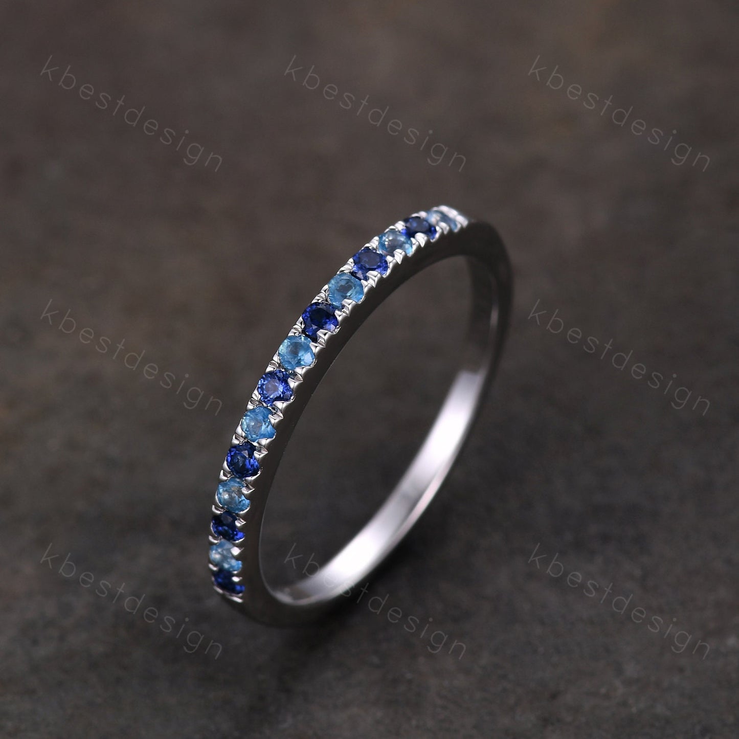 1.5mm Half eternity blue sapphire wedding band silver blue topaz band pave stacking matching band December birthstone ring gift for her