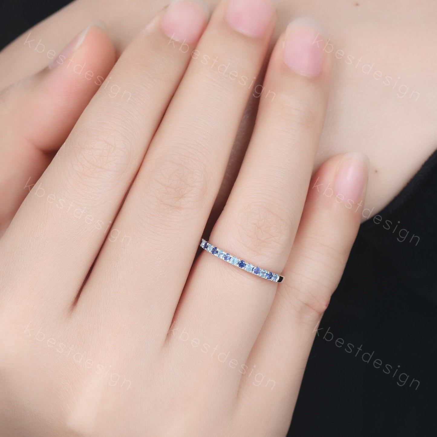 1.5mm Half eternity blue sapphire wedding band silver blue topaz band pave stacking matching band December birthstone ring gift for her