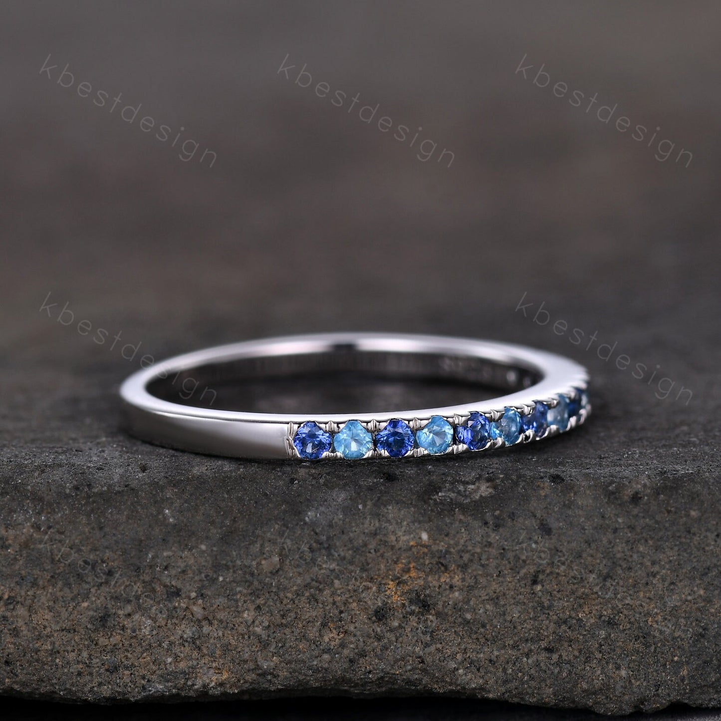 1.5mm Half eternity blue sapphire wedding band silver blue topaz band pave stacking matching band December birthstone ring gift for her