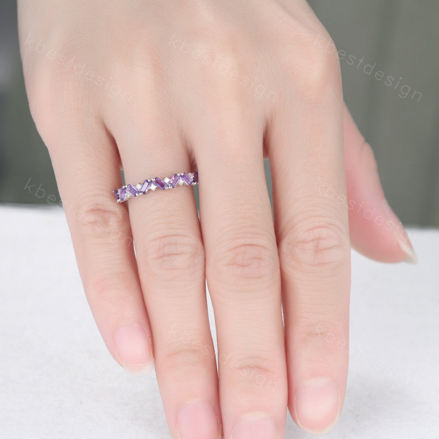 Baguette Amethyst Wedding Band Half Eternity Amethyst Moissanite Wedding Band Art deco Stacking Matching Band February Birthstone Ring