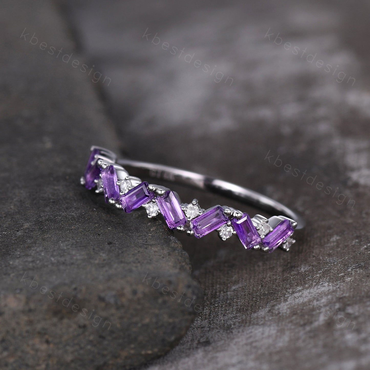 Baguette Amethyst Wedding Band Half Eternity Amethyst Moissanite Wedding Band Art deco Stacking Matching Band February Birthstone Ring