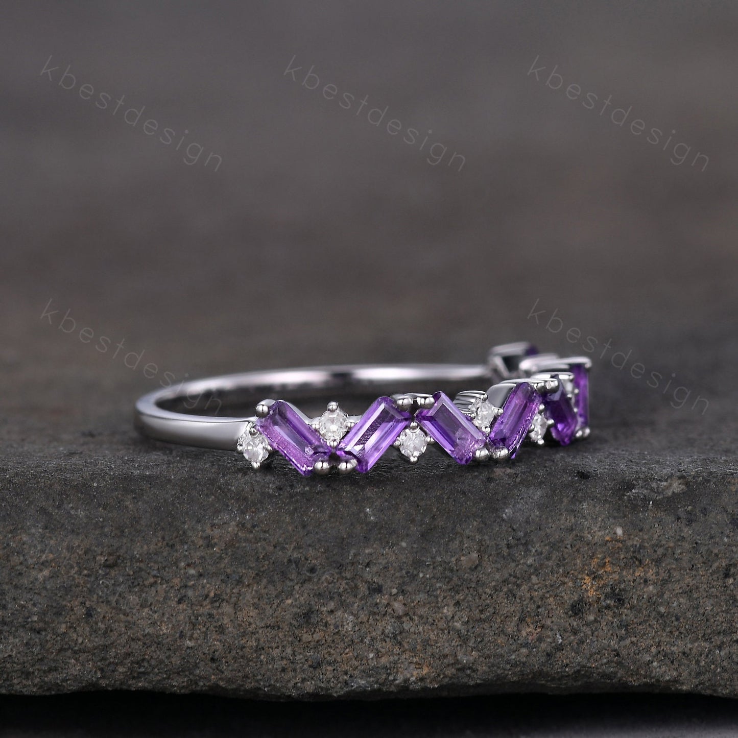 Baguette Amethyst Wedding Band Half Eternity Amethyst Moissanite Wedding Band Art deco Stacking Matching Band February Birthstone Ring