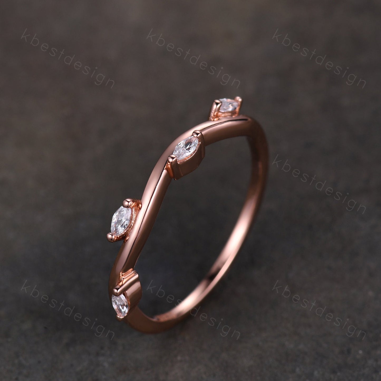 Delicate Leaf Style Moissanite Wedding Band Rose Gold Wave Wedding Ring Unique Marquise cut Moissanite Stacking Band Anniversary Ring