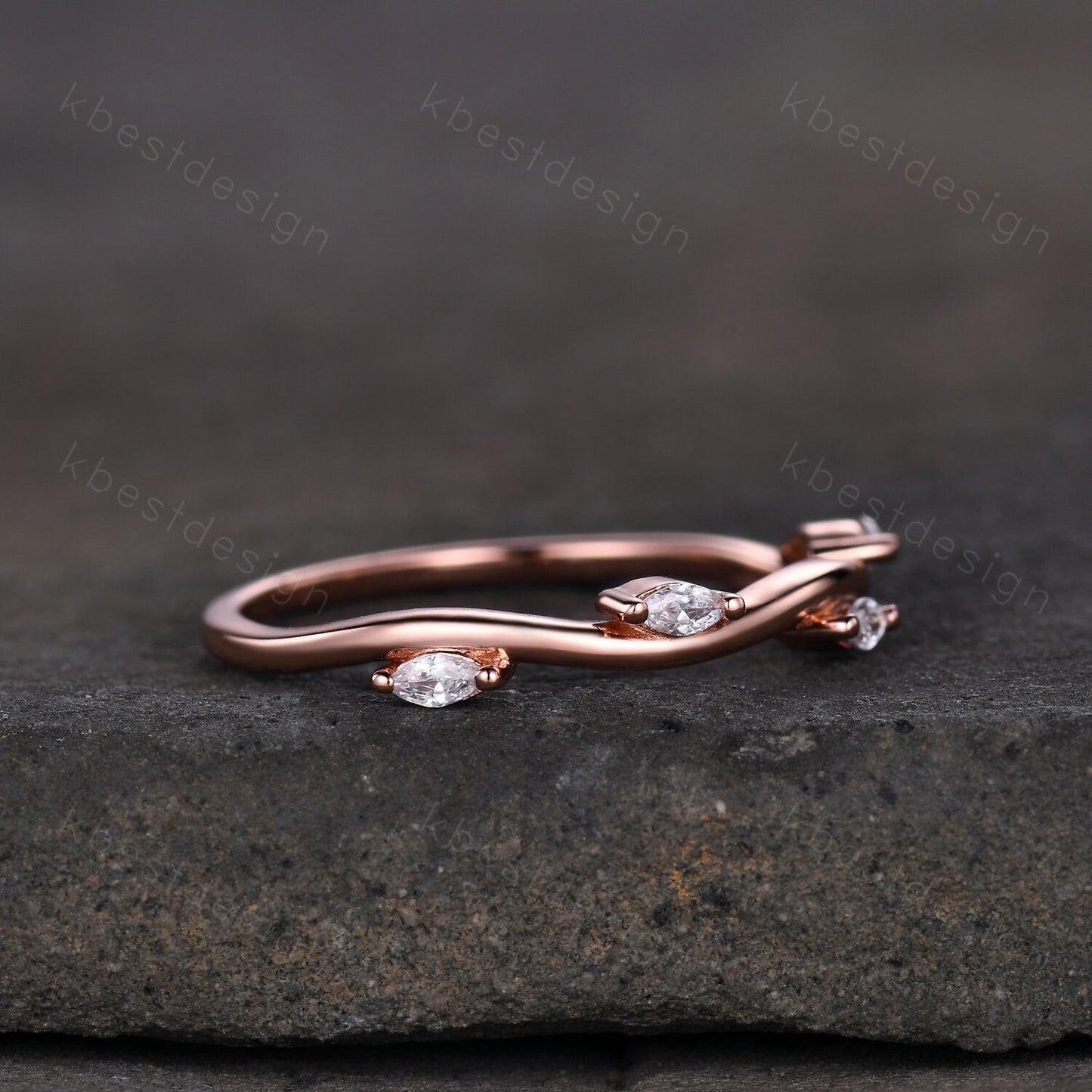 Delicate Leaf Style Moissanite Wedding Band Rose Gold Wave Wedding Ring Unique Marquise cut Moissanite Stacking Band Anniversary Ring