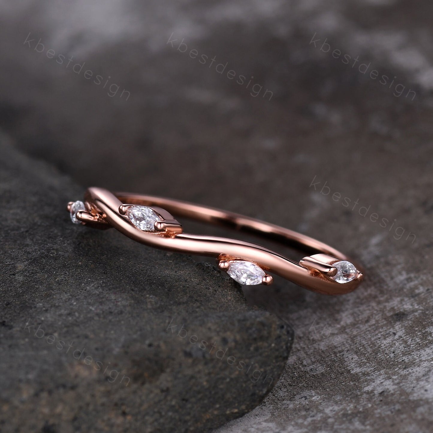 Delicate Leaf Style Moissanite Wedding Band Rose Gold Wave Wedding Ring Unique Marquise cut Moissanite Stacking Band Anniversary Ring