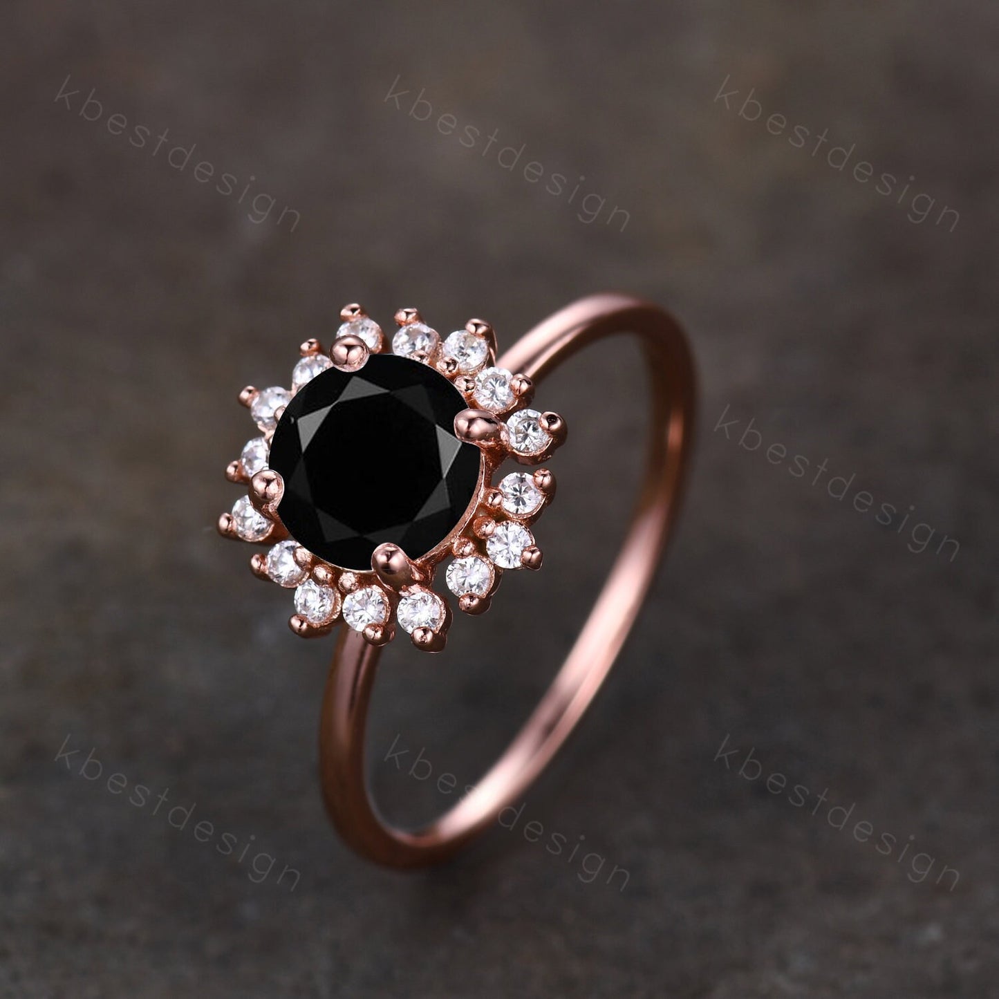 Round cut black onyx engagement ring Rose Gold rings for women Unique moissanite halo engagement ring black onyx Solitaire ring Bridal Ring