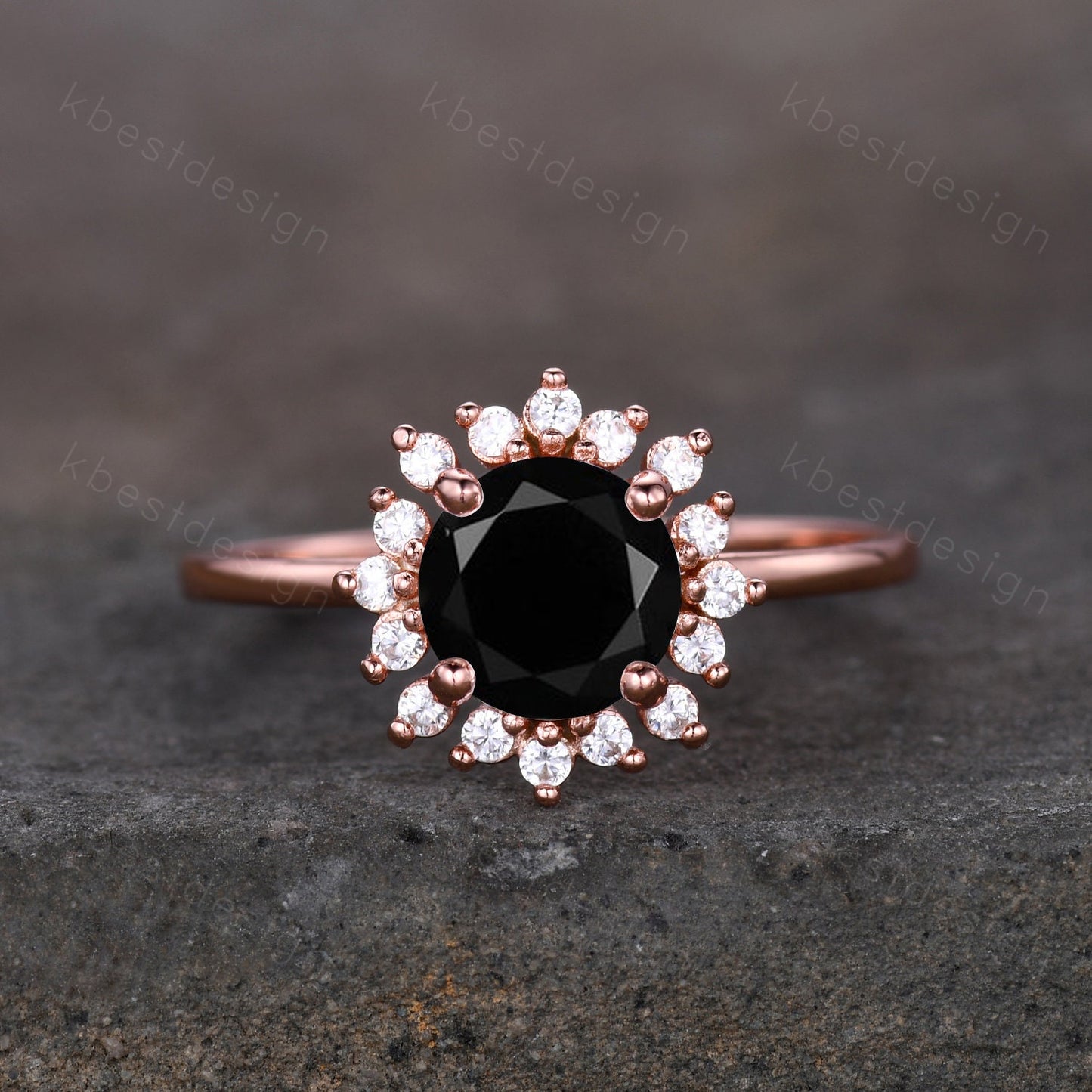 Round cut black onyx engagement ring Rose Gold rings for women Unique moissanite halo engagement ring black onyx Solitaire ring Bridal Ring