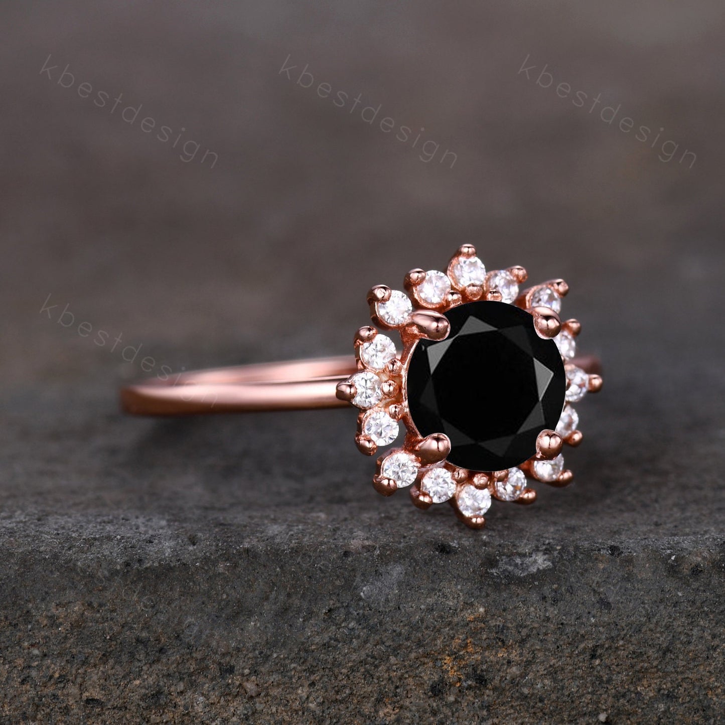 Round cut black onyx engagement ring Rose Gold rings for women Unique moissanite halo engagement ring black onyx Solitaire ring Bridal Ring