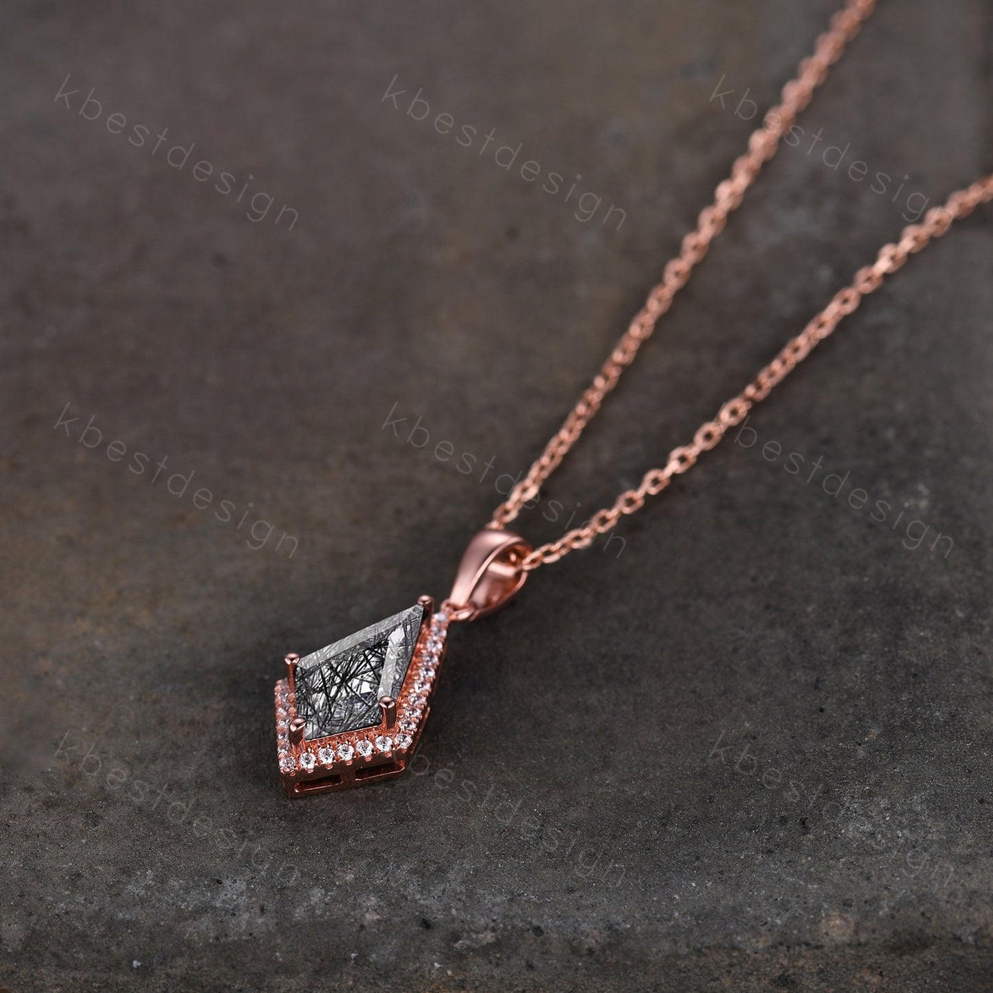 Kite cut black rutilated quartz necklace unique halo moissanite necklace pendant rose gold women black gemstone anniversary bridal gift