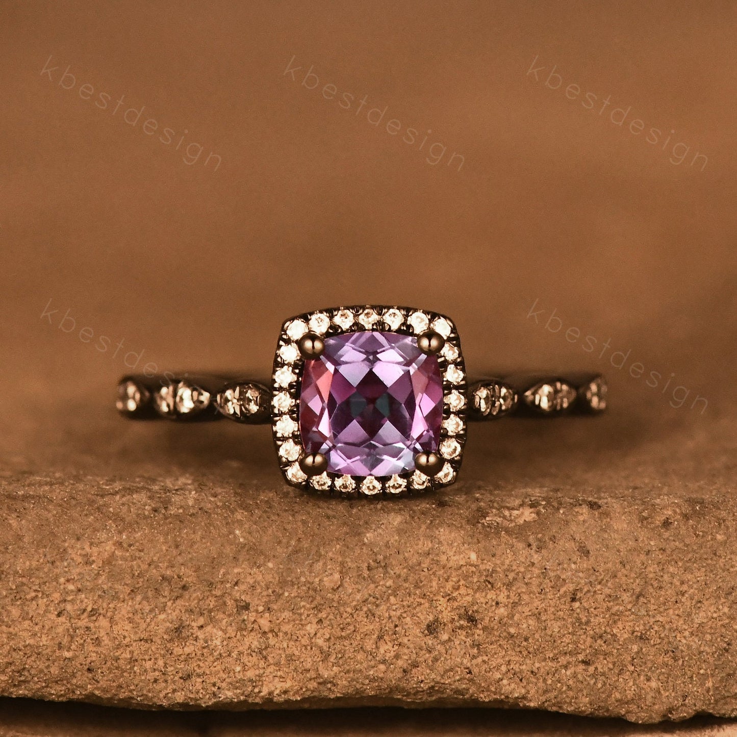 Unique cushion cut Alexandrite engagement ring art deco black gold ring color change Alexandrite ring moissanite anniversary ring for her