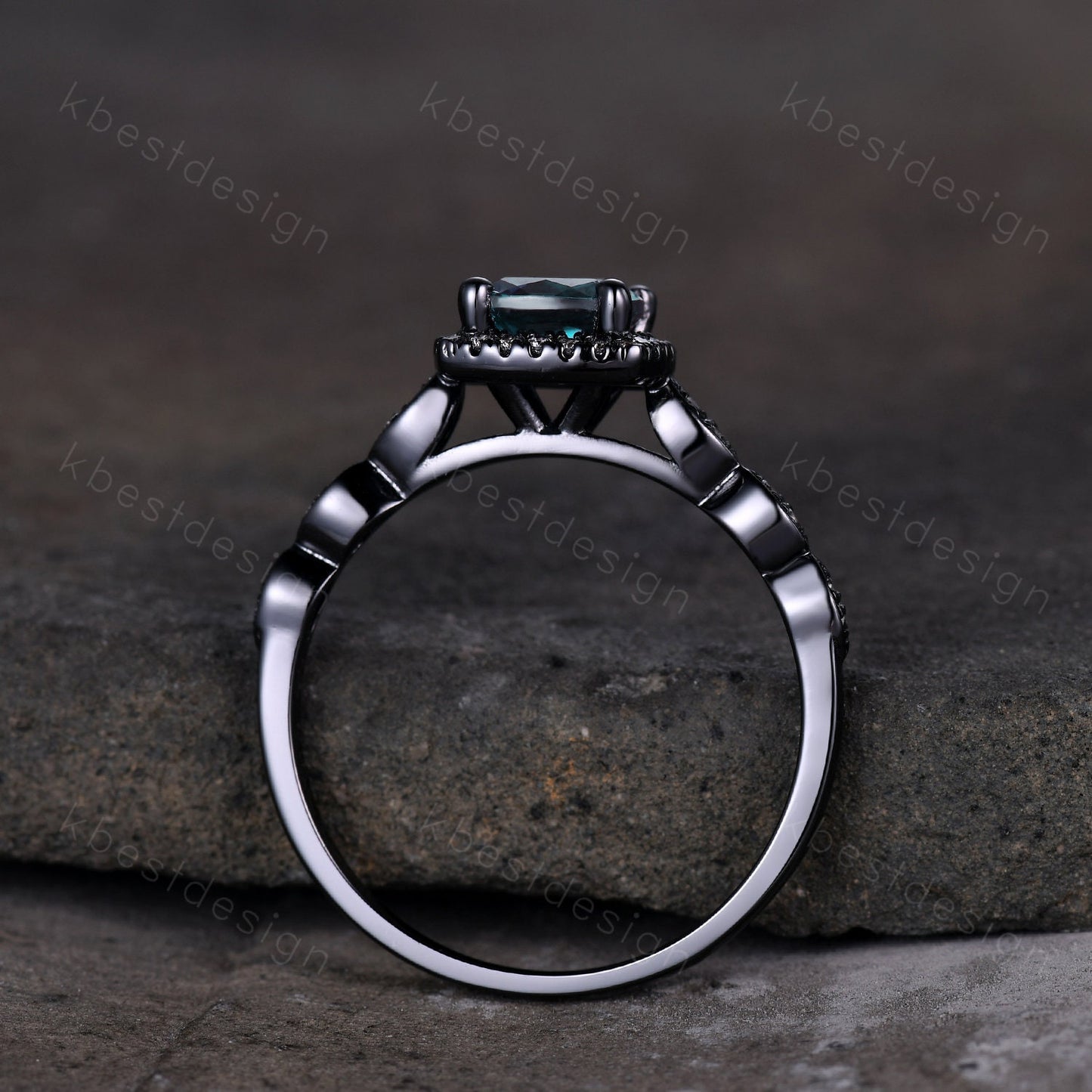 Unique cushion cut Alexandrite engagement ring art deco black gold ring color change Alexandrite ring moissanite anniversary ring for her