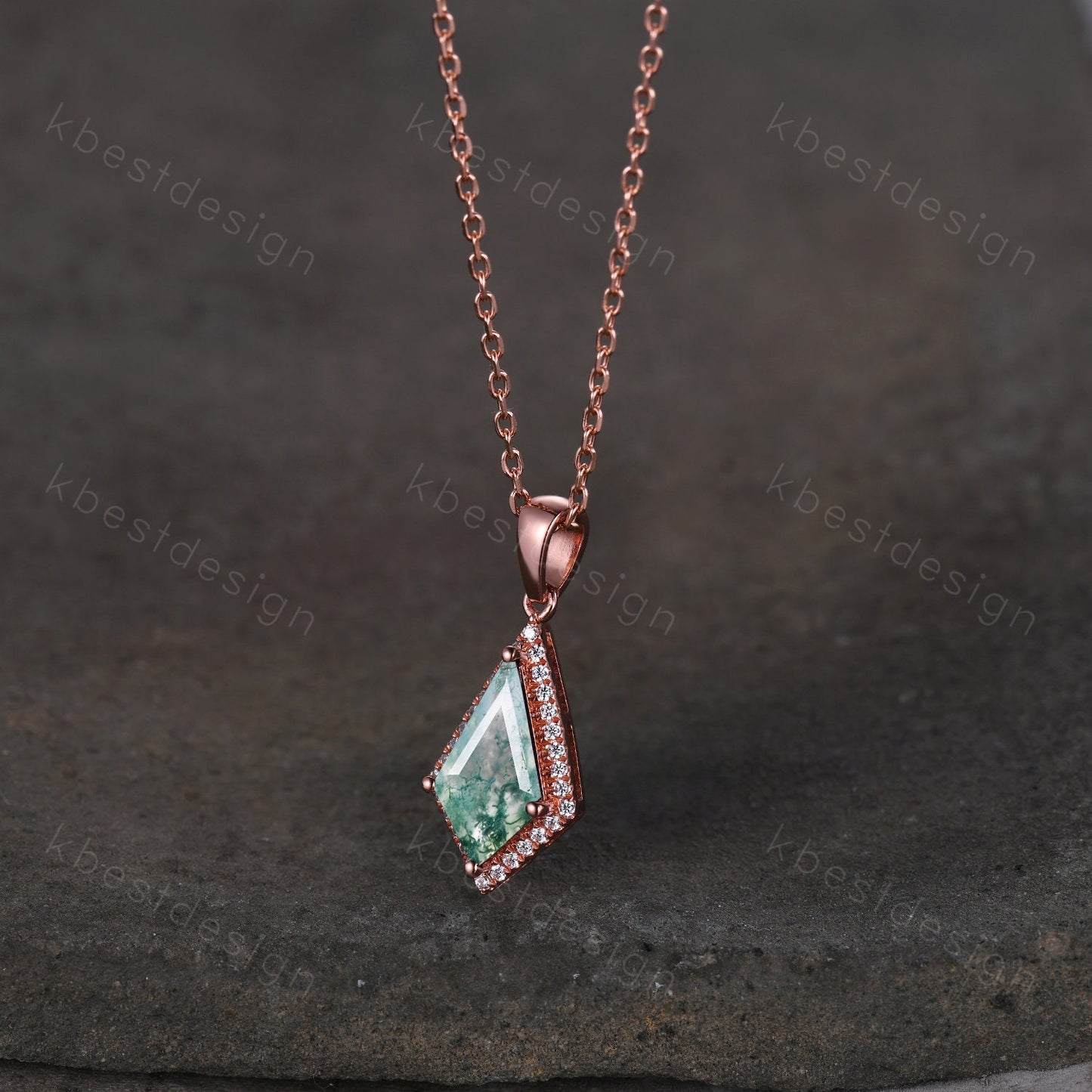 Kite cut green moss agate necklace solid 14k rose gold vintage unique customized pendant necklace for women gemstone bridal anniversary gift