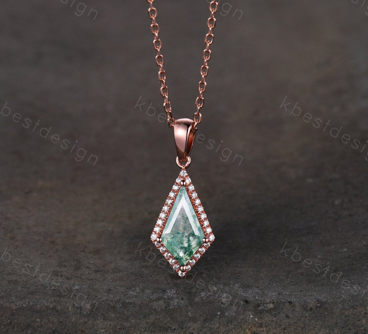 Kite cut green moss agate necklace solid 14k rose gold vintage unique customized pendant necklace for women gemstone bridal anniversary gift