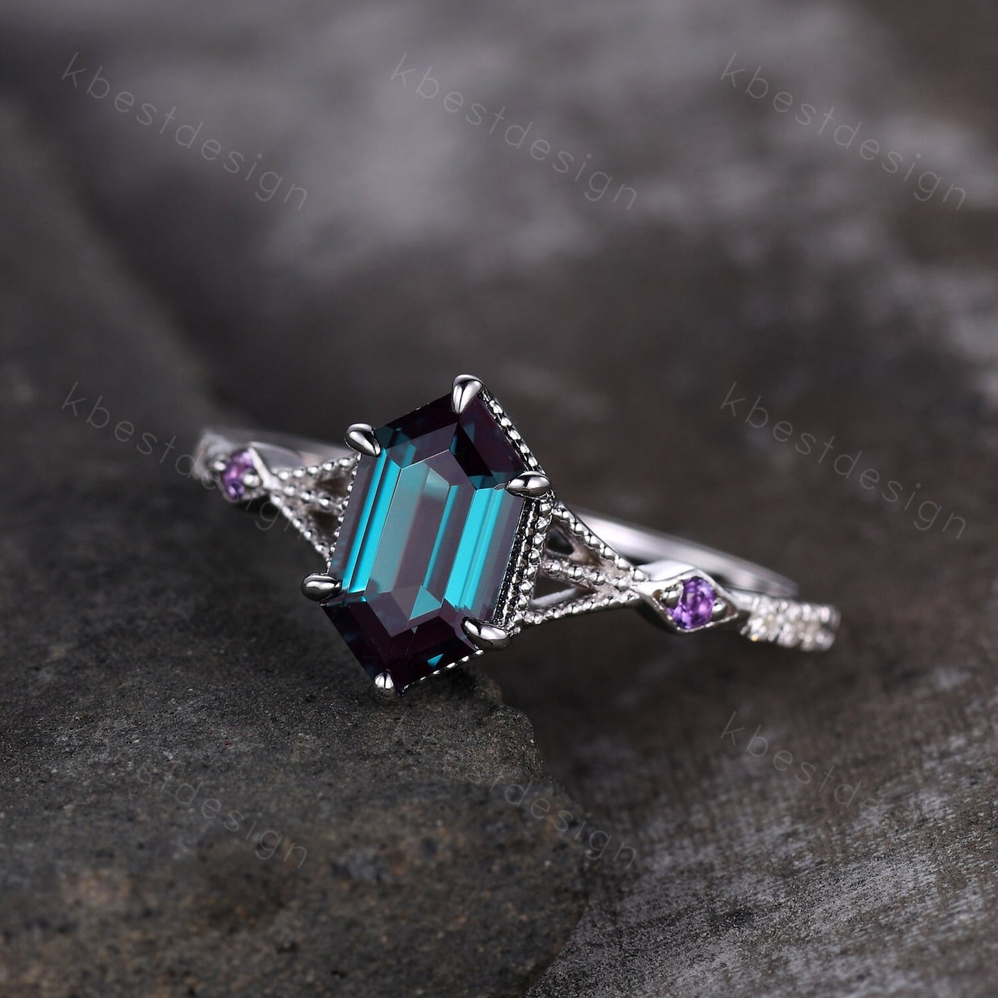 Antique Hexagon cut Alexandrite engagement ring 14k white gold amethyst ring vintage unique moissanite bridal wedding ring June birthstone