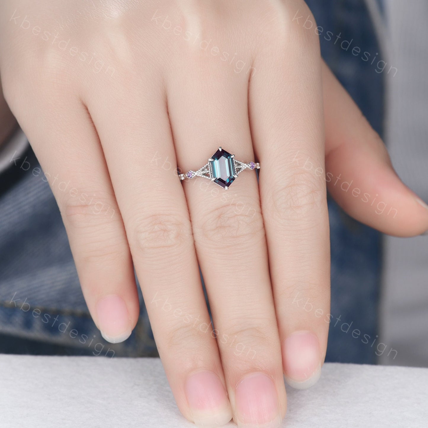 Antique Hexagon cut Alexandrite engagement ring 14k white gold amethyst ring vintage unique moissanite bridal wedding ring June birthstone