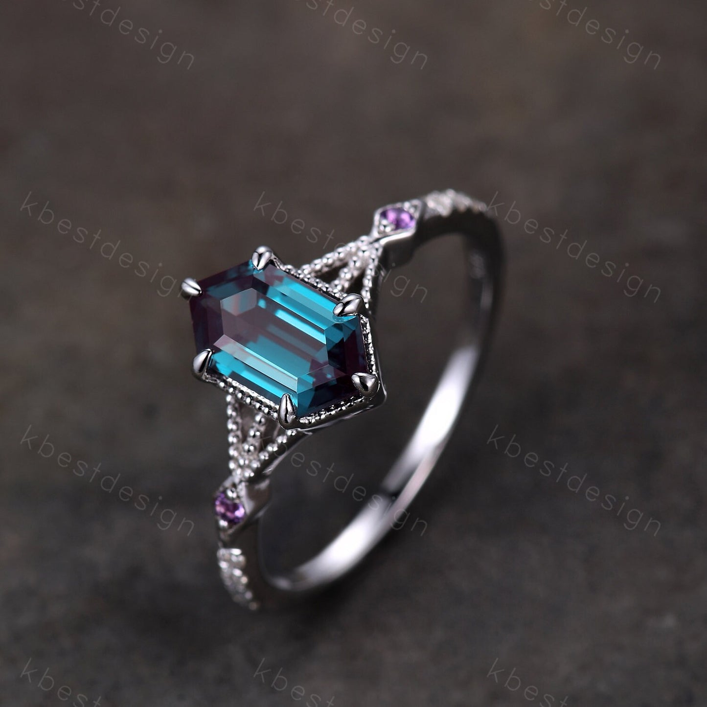 Antique Hexagon cut Alexandrite engagement ring 14k white gold amethyst ring vintage unique moissanite bridal wedding ring June birthstone