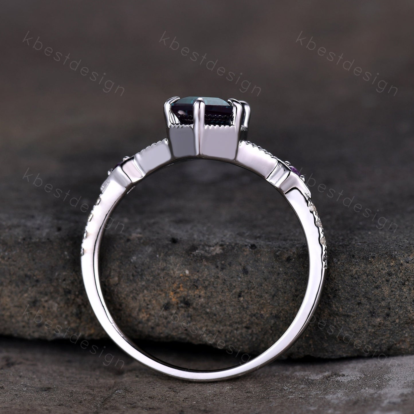 Antique Hexagon cut Alexandrite engagement ring 14k white gold amethyst ring vintage unique moissanite bridal wedding ring June birthstone