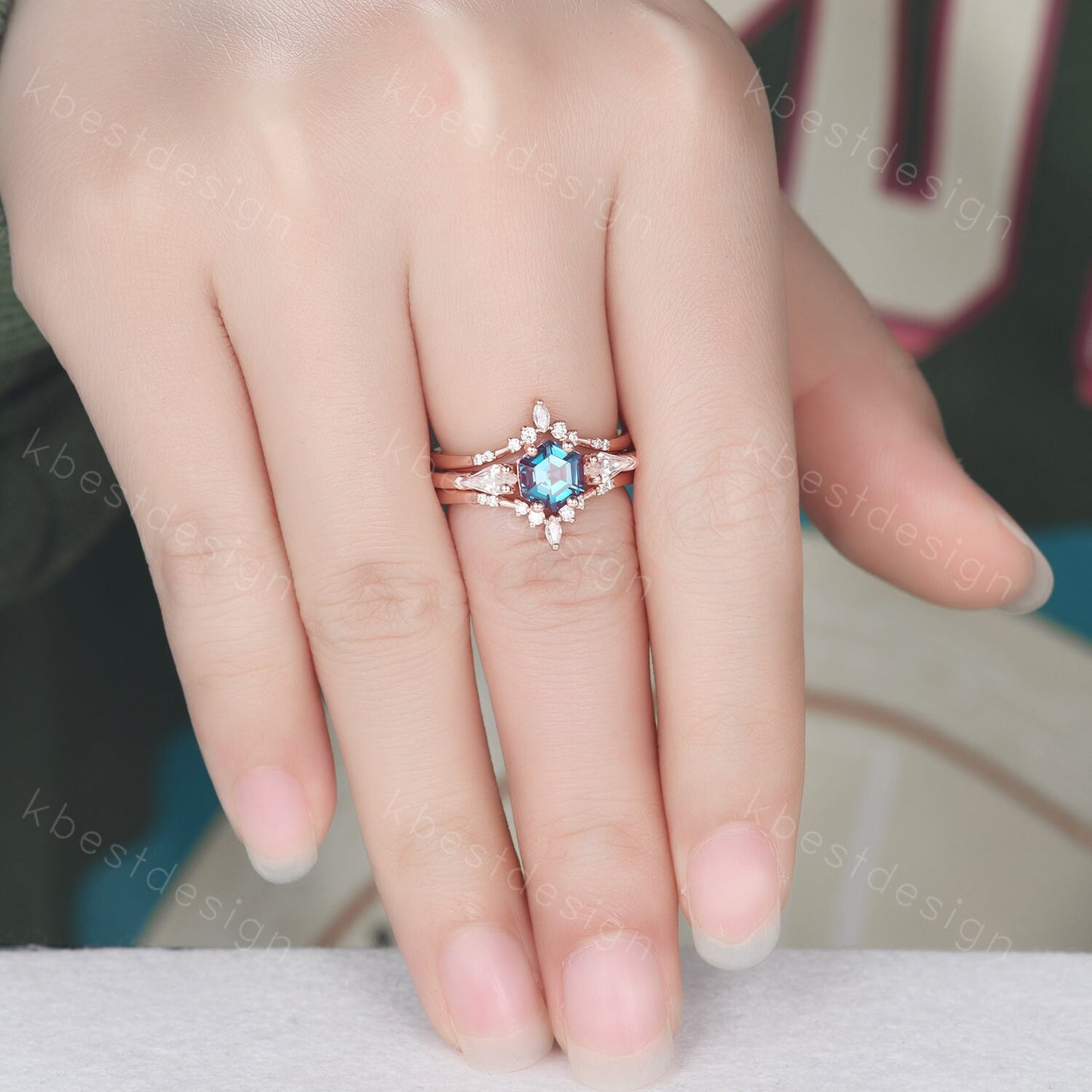 Vintage Alexandrite engagement ring set hexagon cut ring rose gold art deco three stone ring double curved Moissanite wedding band for women