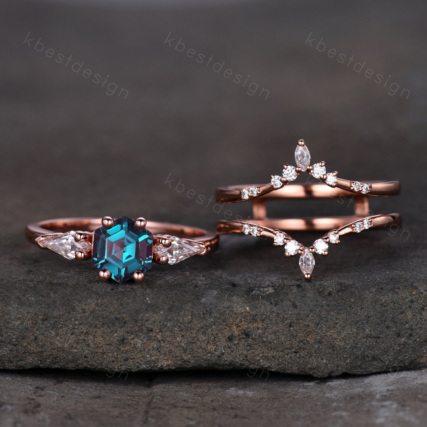 Vintage Alexandrite engagement ring set hexagon cut ring rose gold art deco three stone ring double curved Moissanite wedding band for women