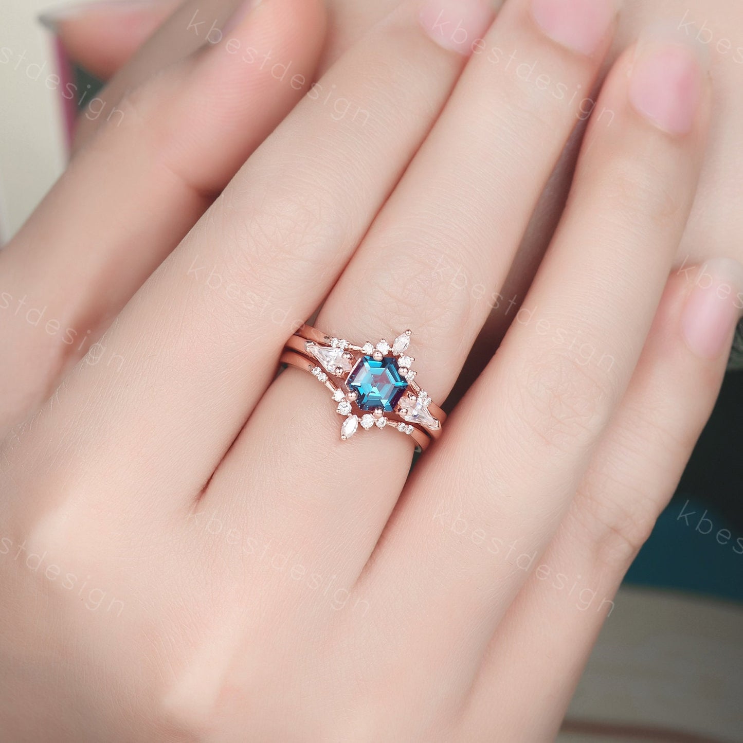 Vintage Alexandrite engagement ring set hexagon cut ring rose gold art deco three stone ring double curved Moissanite wedding band for women