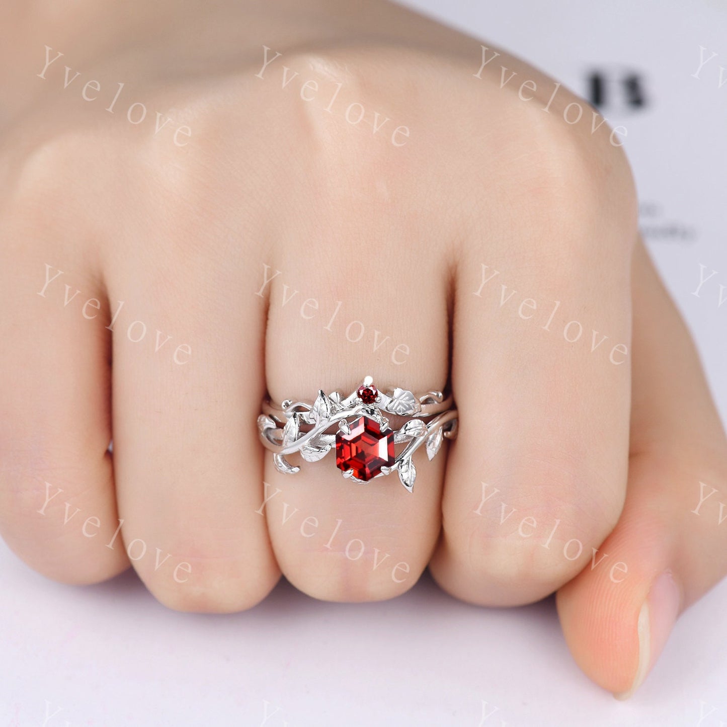Hexagon Garnet Ring,Vintage Twig Vine Leaf Ring,Unique Garnet Engagement Ring,birthstone Ring,Promise Anniversary Bridal Ring Gift,Silver
