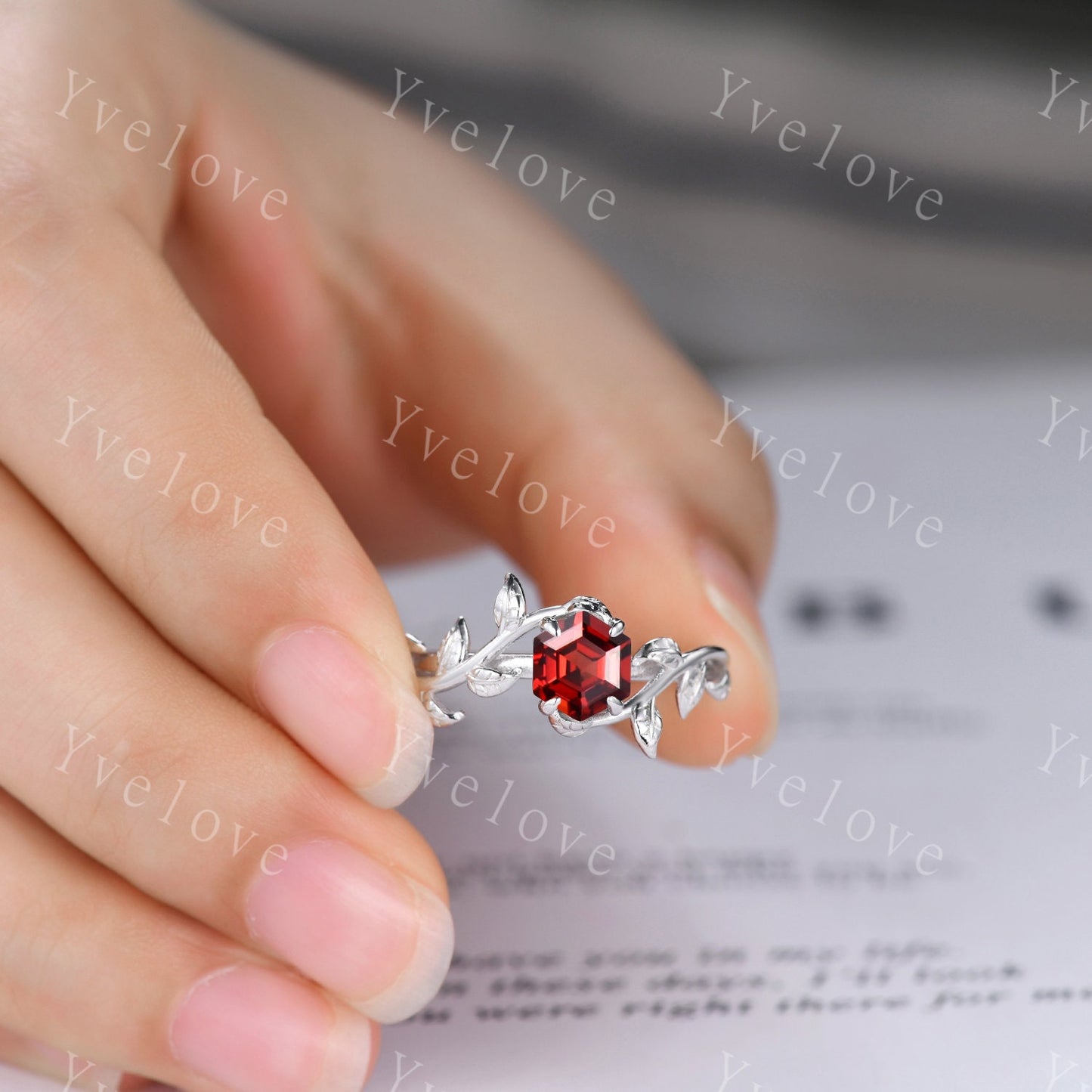 Hexagon Garnet Ring Set,Vintage Twig Vine Leaf Ring,Unique Garnet Engagement Ring,January Ring, Promise Anniversary Bridal Ring Gift,Silver