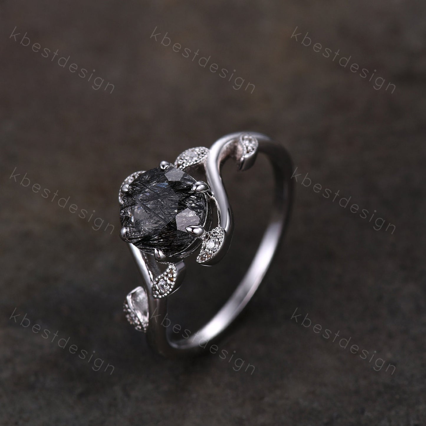 Round cut black rutilated quartz engagement ring vintage unique black gemstone ring art deco leaf style moissanite ring anniversary gift