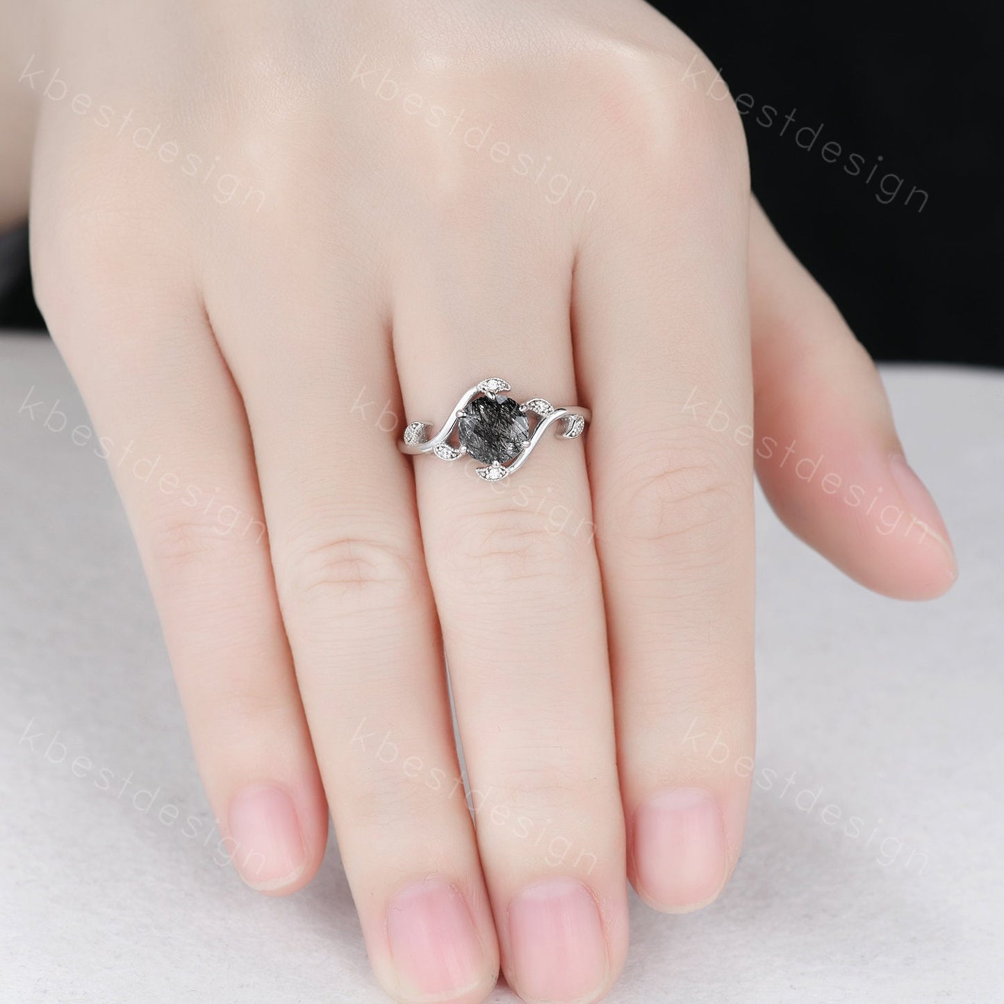 Round cut black rutilated quartz engagement ring vintage unique black gemstone ring art deco leaf style moissanite ring anniversary gift