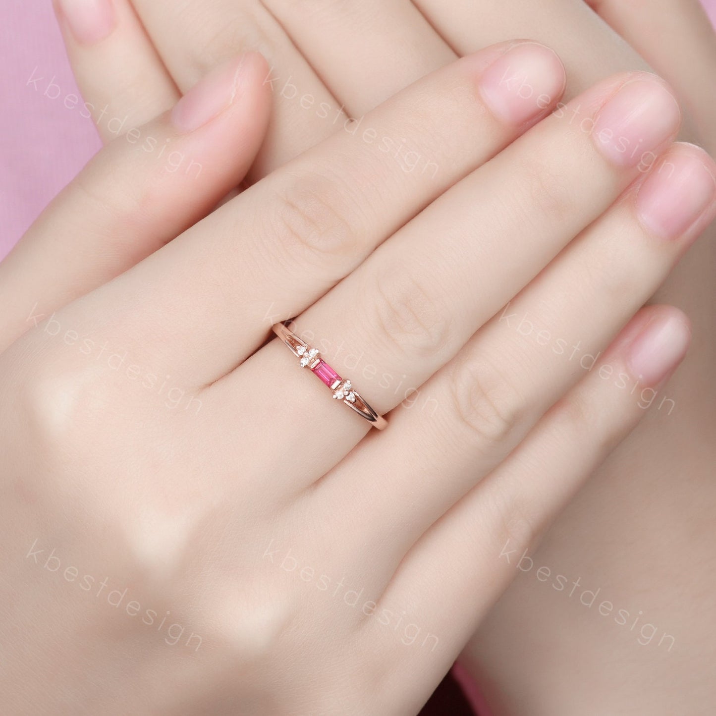 Baguette cut Ruby wedding band delicate rose gold wedding band unique moissanite cluster ring minimalist bridal matching stackable band
