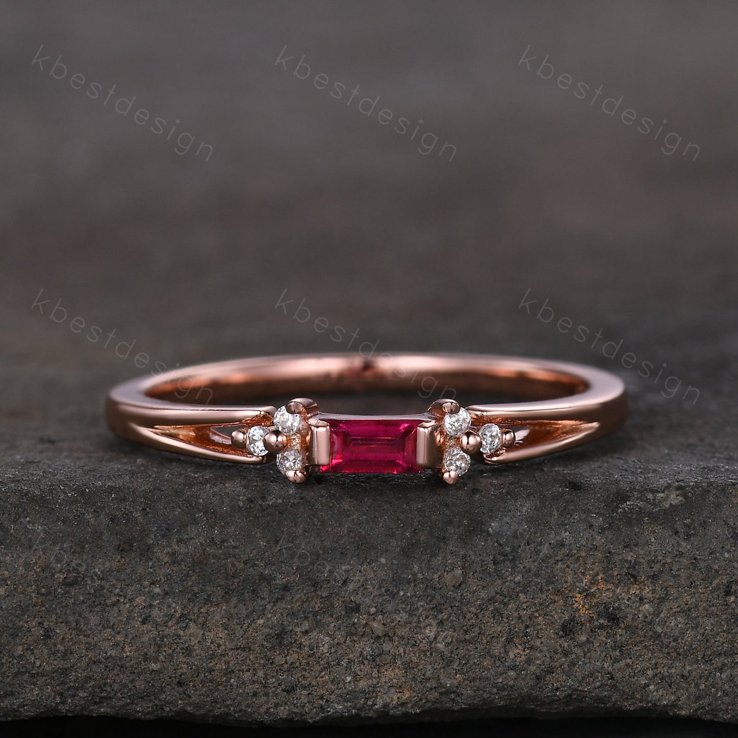 Baguette cut Ruby wedding band delicate rose gold wedding band unique moissanite cluster ring minimalist bridal matching stackable band