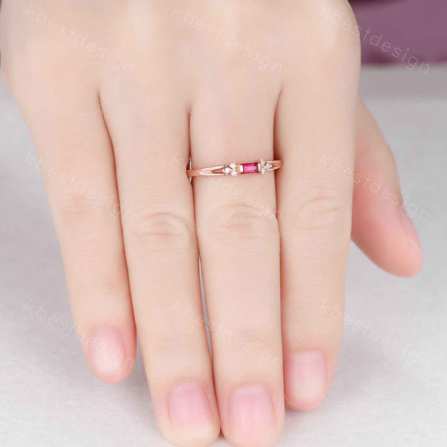 Baguette cut Ruby wedding band delicate rose gold wedding band unique moissanite cluster ring minimalist bridal matching stackable band
