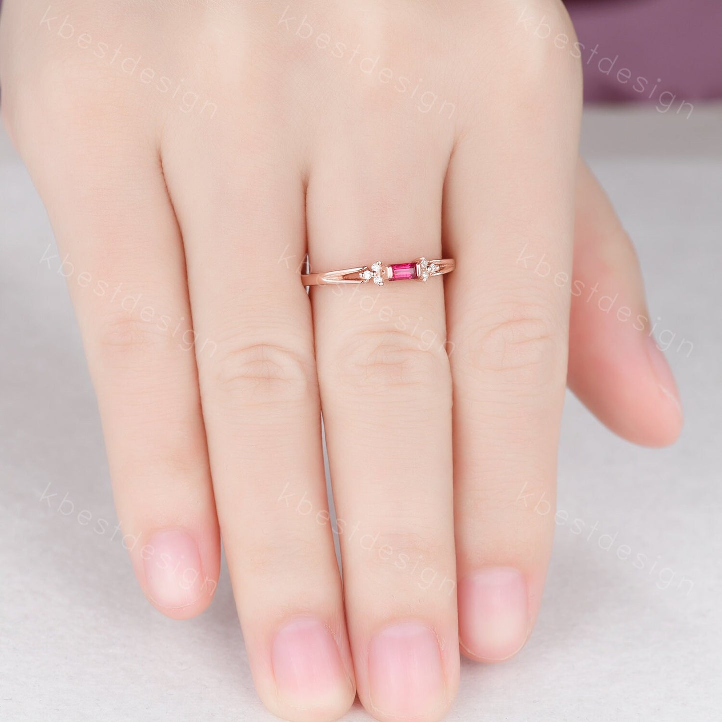 Baguette cut Ruby wedding band delicate rose gold wedding band unique moissanite cluster ring minimalist bridal matching stackable band