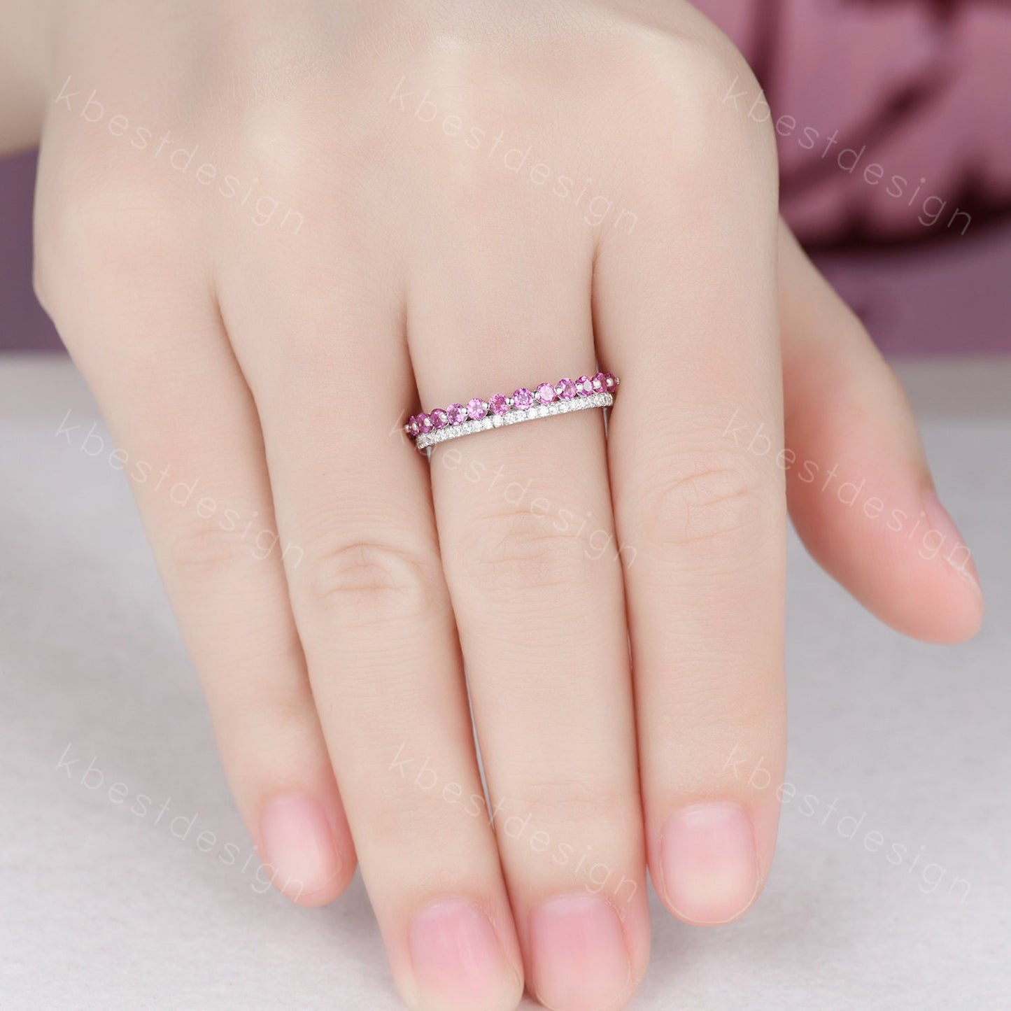 2mm Round cut pink tourmaline wedding band Vintage half eternity moissanite wedding ring Art deco bubble prong set bridal stacking band