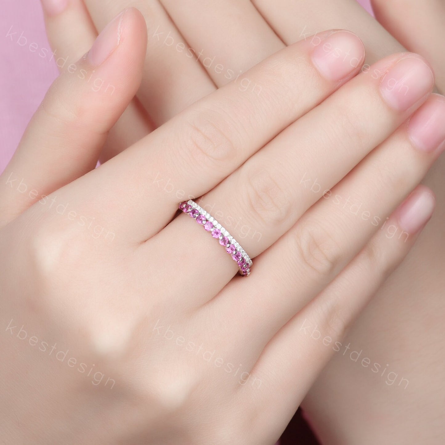 2mm Round cut pink tourmaline wedding band Vintage half eternity moissanite wedding ring Art deco bubble prong set bridal stacking band