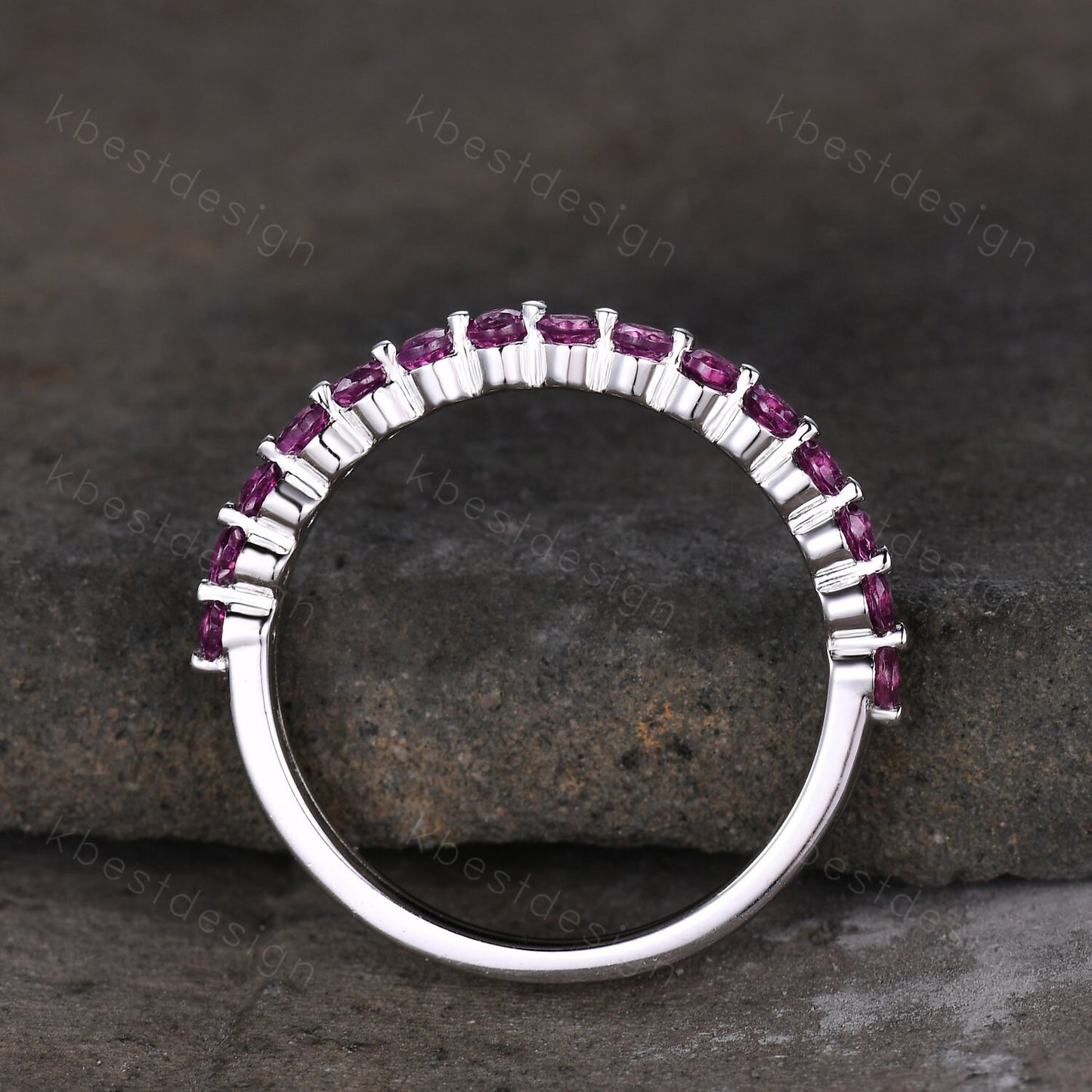 2mm Round cut pink tourmaline wedding band Vintage half eternity moissanite wedding ring Art deco bubble prong set bridal stacking band