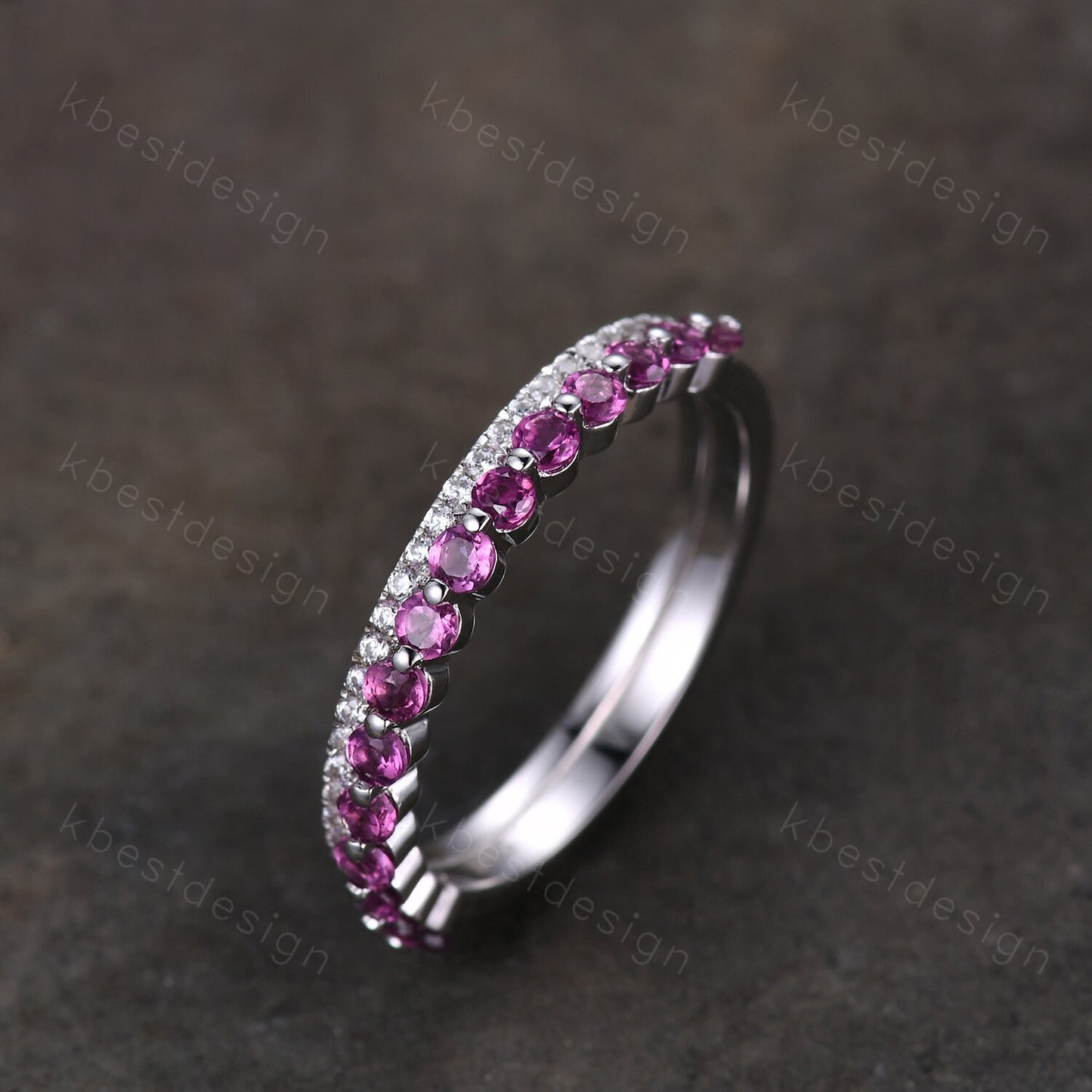 2mm Round cut pink tourmaline wedding band Vintage half eternity moissanite wedding ring Art deco bubble prong set bridal stacking band