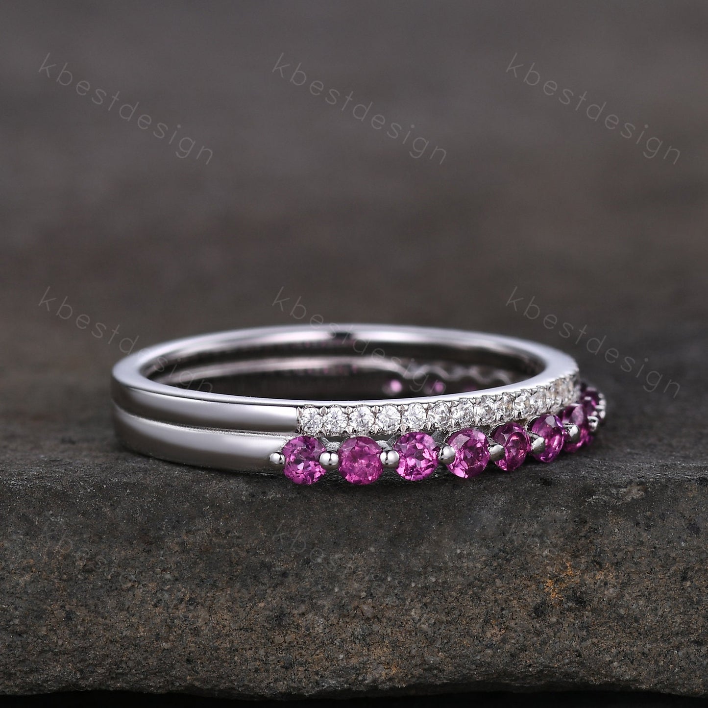 2mm Round cut pink tourmaline wedding band Vintage half eternity moissanite wedding ring Art deco bubble prong set bridal stacking band